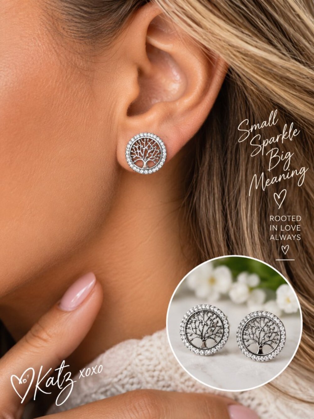 Tree of Life Rhinestone Stud Earrings Silver Tone Family Tree Circle Jewelry